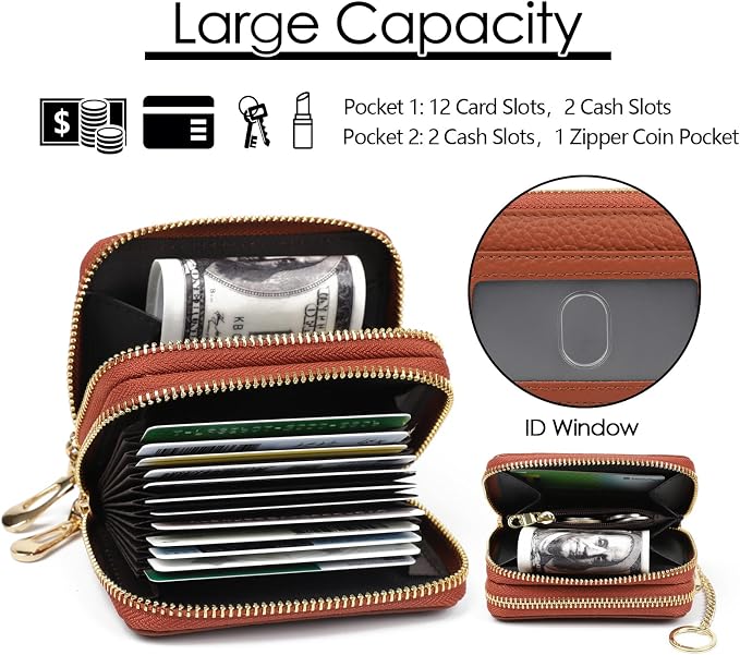 imeetu RFID Credit Card Holder, Small Card Wallet Women, Leather Card Case | Genuine Leather Women's Card & id Cases, Change Coin Purse with Zipper Keychain id Window, 20 Colors & 3 Styles, Daily, Gifts