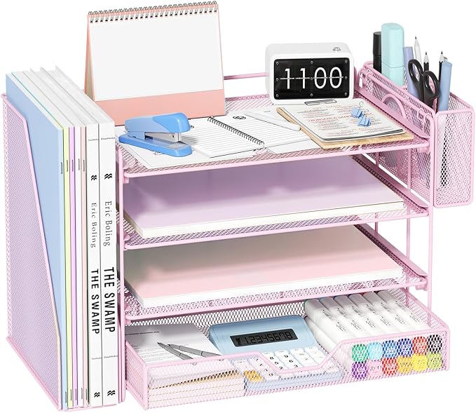 Desk Organizers and Accessories, 4-Tier Desktop File Organizer with Drawer and Pen Holders, Office Desk Accessories Workspace Organizers for Office Supplies (Soft Pink)