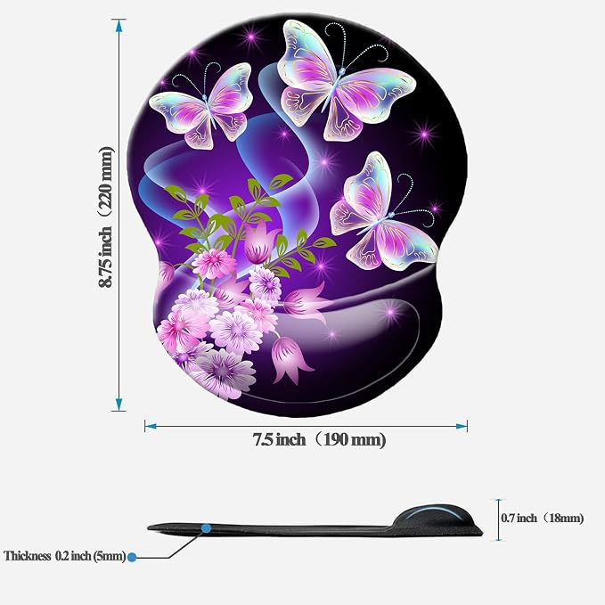 Mouse Pad with Wrist Support, Non Slip Mousepad Wrist Rest for Office, Computer, Laptop & Mac-Comfortable & Lightweight Ergonomic Support Mouse Mat(DL-Butterfly)