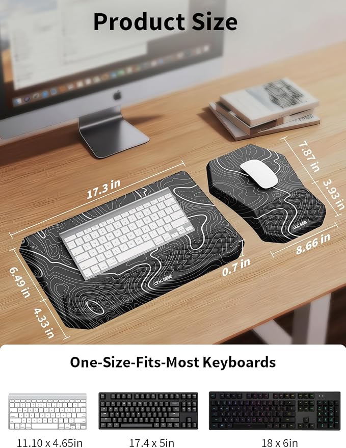 3-in-1 Ergonomic Keyboard Stand with Wrist Rest & Mouse Pad Set,Topographic | Comfy Keyboard Riser Holder Soft Mousepad with Massage Design, Memory Foam and Non-Slip PU Base for Pain Relief