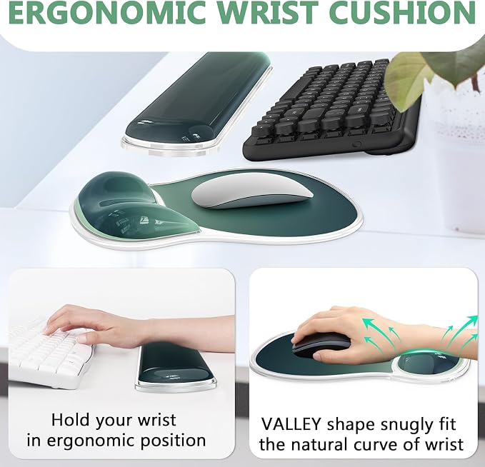 AKIT Ergonomic Mouse Pad and Keyboard Wrist Rest Set, Gel Mousepad, Green | Wrist Support for Computer Keyboard, Non-Slip PU Base, Pain Relief, Typing Comfort, Fit for Gaming, Office, Home
