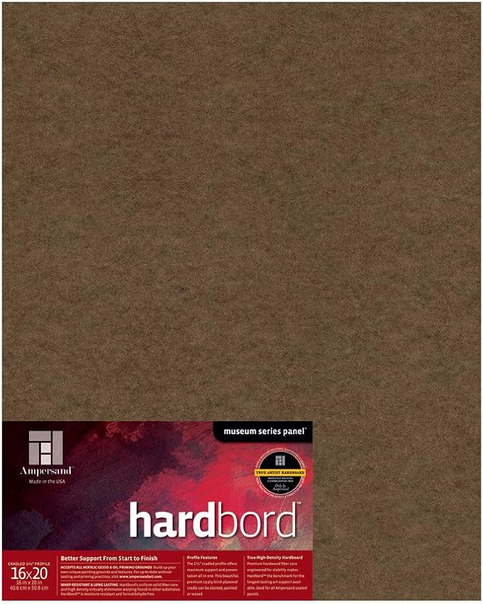 Ampersand Art Supply Hardboard Wood Painting Panel: Museum Series Hardbord, 16" x 20", 1-1/2 Inch Cradled Profile