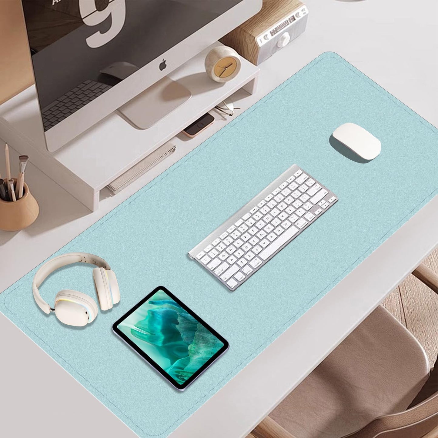 Large Desk Pad 35.4" x 17", Non-Slip Desk Mat with PU Leather & Natural Cork, Waterproof Writing Desk Natural Cork, Computer Mat Desk Protector for Office Home, Light Blue