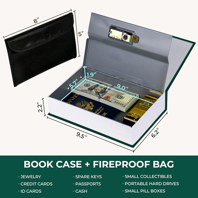 Book Safe with Combination Lock, Hidden Safe (9.5 x 6.2 x 2.2 Inch) with Fireproof Bag, Secret Diversion Safe, Hollow Book Box Hidden Storage, Money Safe Box for Cash (ALICE)