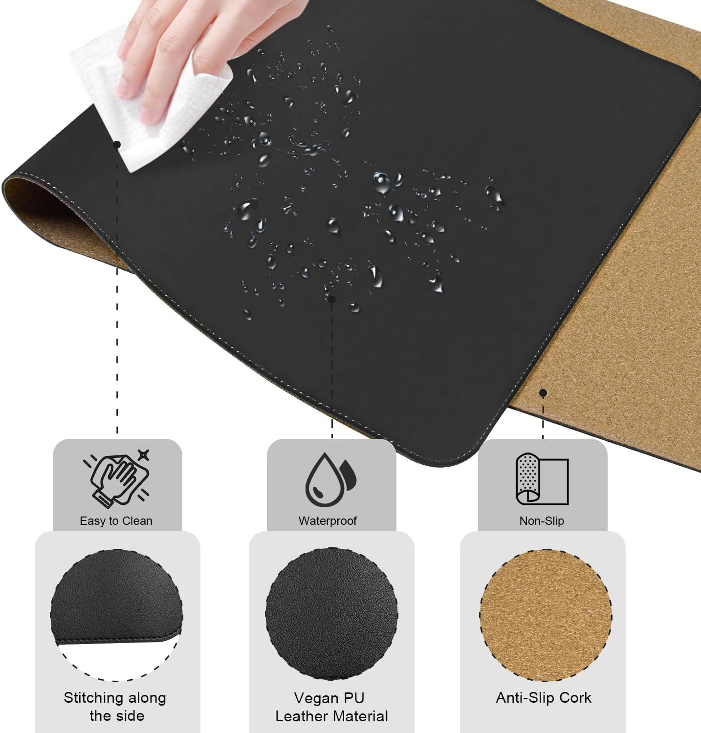 BLESWIN Large Desk Pad Mat 47.2"" x 17"", Office Desk Mat, Non-Slip PU Leather & Cork Desk Blotter for Keyboard and Mouse, Large Desk Mat, Large Mouse Pad for Office & Home(Black)