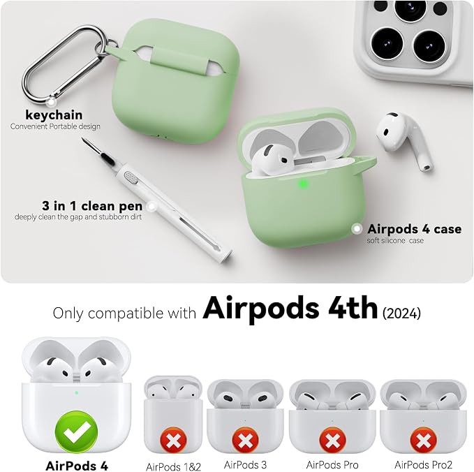 for AirPods 4 Case 2024 with Cleaner Kit & Keychain-Pastel Green | Silicone Protective Cover for Apple AirPods 4th Generation Case,for Women Men,One-Piece Design,Shockproof,Dust Proof