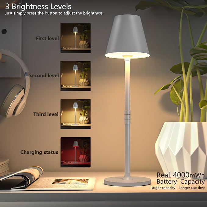 Timjorman 2-Pack Cordless Table Lamps - 5000mAh Rechargeable Battery Operated Desk Lamp, 3-Level Dimmable LED Night Light for Bedroom, Dining, Restaurant - Metal Design (White 2-Pack)