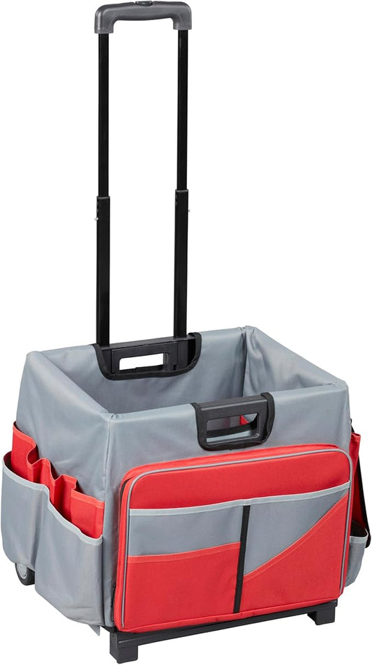 ECR4Kids Universal Rolling Cart with Canvas Organizer Bag, Mobile Storage, Red/Grey | Durable plastic, 30 compartments, adjustable handle, 40 lb capacity, collapses to 3" thick, rolling wheels for easy transport