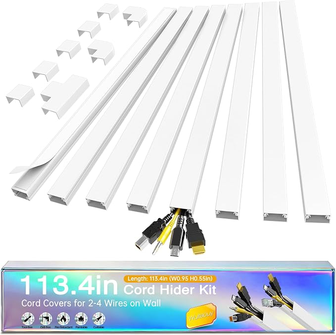 Cord Hider Kit, 113.4in Cord Covers for 2-4 Wires on Wall, Self-Adhesive Cable Hider Wire Covers for Cords on Wall, Paintable Cable Cover Raceway, Cord Hider for Walls Mount Tv, W0.95 H0.55in, White