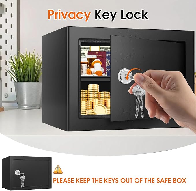 1.3 Cubic Feet Fireproof Safe Box with Key Lock, Hidden Steel Security Box with Removable Shelf for Cash, Jewelry, Passports and Medications, Personal Safes for Home/Office, 9.84"D x 13.78"W x 9.84"H