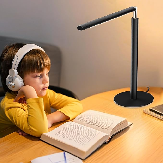 Metal LED Desk Lamp, 16" Dimmable Desk Light with Base, 15W 1200LM, Adapter Included, Color & Brightness Adjustable, Modern Tall Table Lamp for Home Office Reading Study Task Laptop, Black