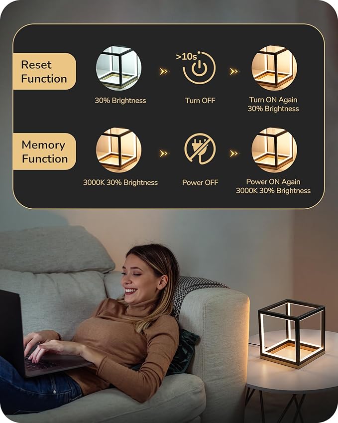 EDISHINE Modern LED Table Lamp, Minimalist Bedside Lamp for Living Room | Solid Wood Base, 3 Way Dimmable, 3000K/4500K/6000K, 470LM, Black Gold Square Geometric for Bedroom, Office
