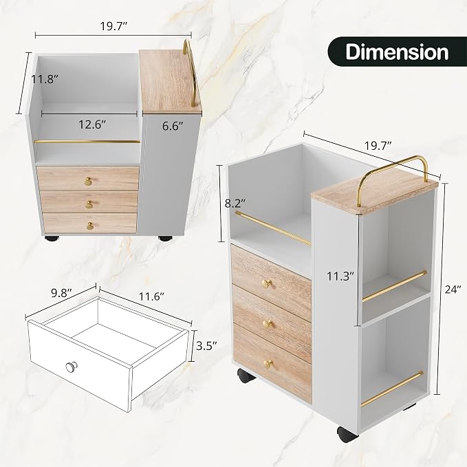 Mobile File Cabinet Under Desk with 3 Drawer, Lockable Wheels | Rolling Filing Cabinet, Utility Cart with Open Storage Shelves Home Office Fits A4/Legal, 19.7" x 11.8" x 26.3", Light Walnut