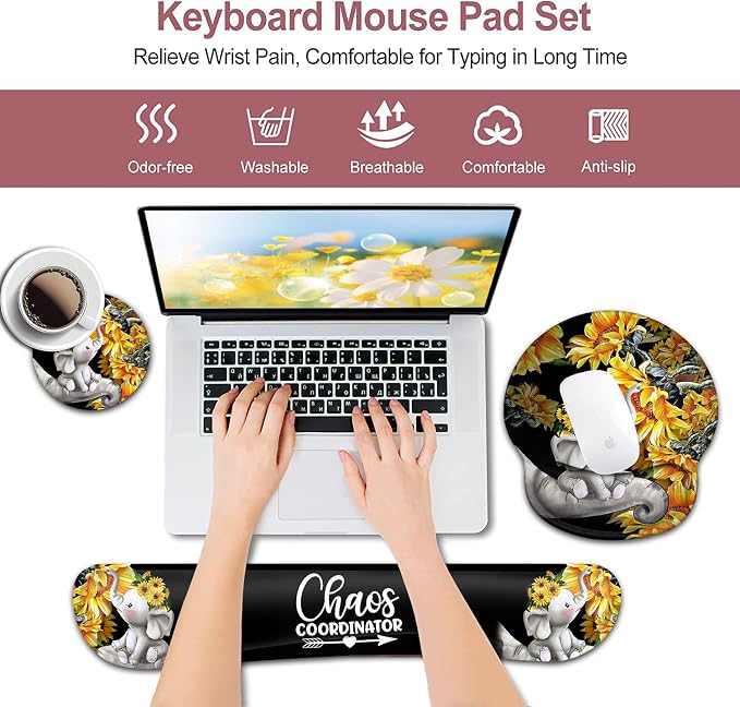 Mouse Pad with Wrist Support,Ergonomic Gel Smouse Pad Cute Baby Elephants with Sunflower Office Easy Typing Games to Relieve Fatigue, Non-Slip and Durable Memory Foam Keyboard Wrist Rest,(Pack of 3)
