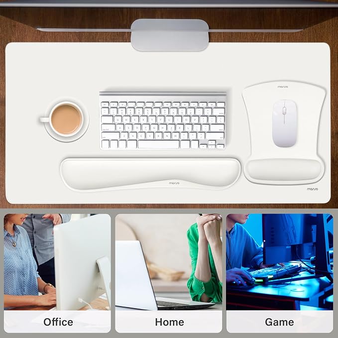 MOSISO Keyboard Mouse Pad Set, Large Gaming Mousepad&Keyboard Wrist Rest | Mouse Wrist Rest&Coaster, Ergonomic Non-Slip Mousepad&Easy Typing Cushion with Memory Foam for Home Office, Pearl White