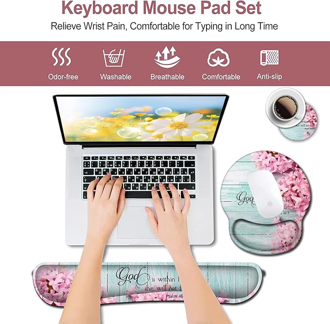 Mouse Pad with Wrist Support, Ergonomic Gel Mouse Pad Beautiful Flowers,Pink Hyacinths on Wood Panel，Non-Slip Durable, Memory Foam Keyboard Wrist Rest, Suitable for Office Typing Games