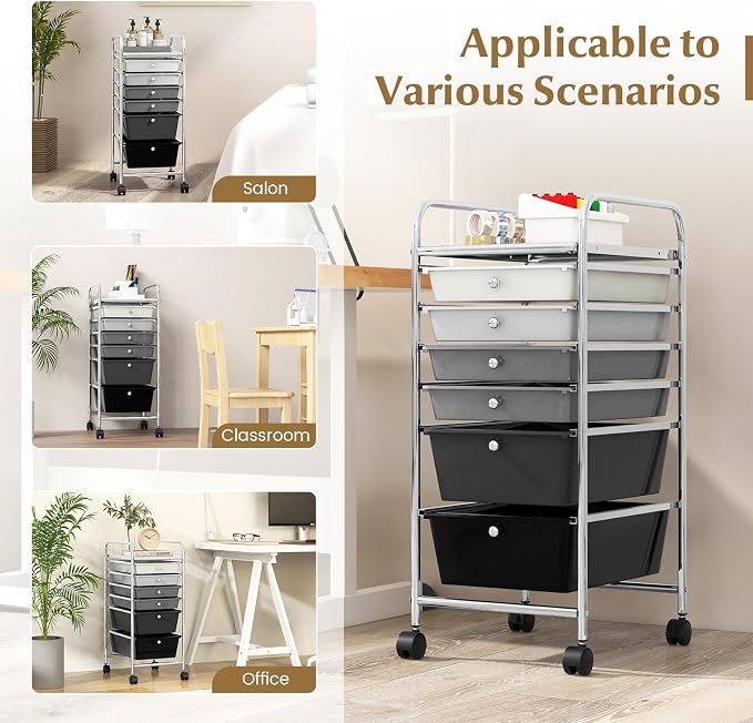 COSTWAY 6-Drawer Rolling Storage Cart, Art Craft Tools Organizer on Wheels | Multifunctional Heavy Duty Utility Mobile Storage Trolley w/ 2 Lockable Wheels for Home Office School (Mixed Black)
