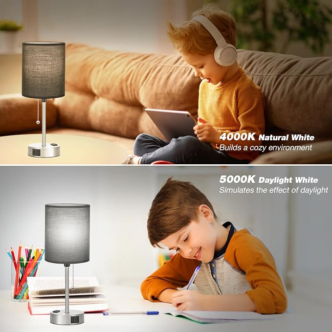 Small Bedside Table Lamp for Bedroom - Desk Lamp with USB Ports for Dorm | USB A+C Ports, AC Outlet, 3 Color Temperatures, LED Bulb Included, Black Fabric Shade, Sleek Silver, 14" Night Stand Lamp