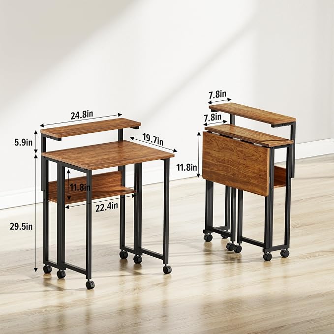 GreenForest Folding Desk with Adjustable Monitor Stand, 24.8 in Small Desk | Storage Shelf, Lockable Wheels, Portable, Space Saving, Mobile Rolling Table for Small Spaces, Home Office, Writing, Walnut