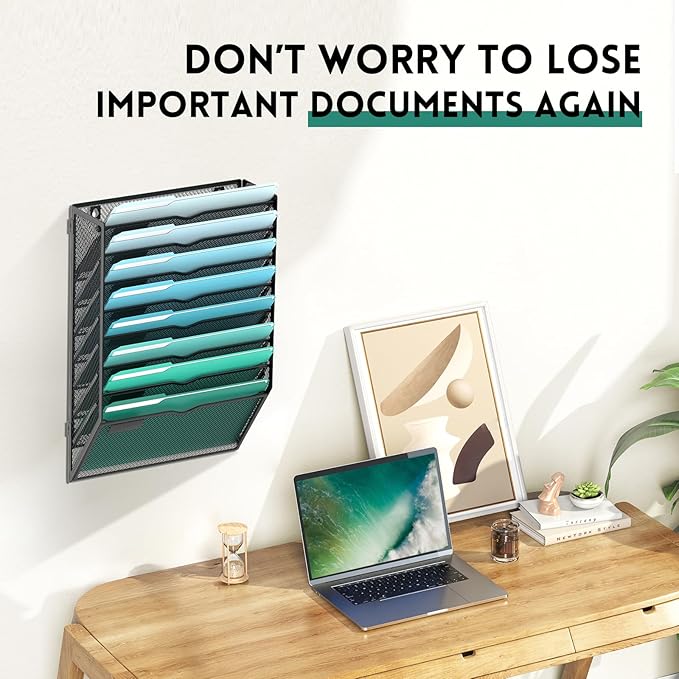8-Tier Wall File Organizer, Wall Mounted Mail Sorter, 2 Pack | Metal Mesh Hanging File Organizer with Open Compartments and Label Panels for Papers and Folders at Home, Office or School