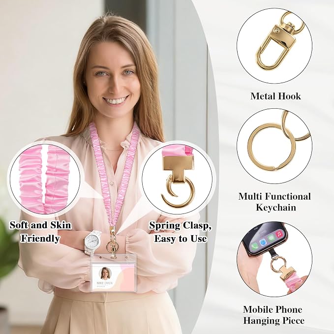Prudiut Scrunchie Lanyard for Id Badges, Retractable Teacher Lanyards Cute Stretchy Scrunchie Lanyard with Id Holder for Women (Pink)