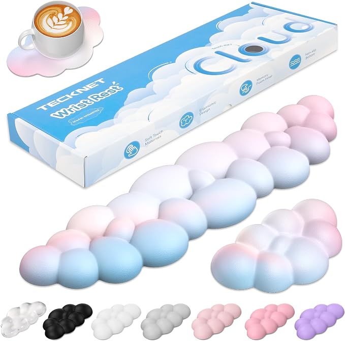 TECKNET Cloud Keyboard Wrist Rest Set, Cloud Wrist Rest with Non-Slip Base, PU Leather Wrist Pad for Keyboard with Ergonomic Memory Foam for Computer Laptop Office Gaming and Pain Relief, Rainbow