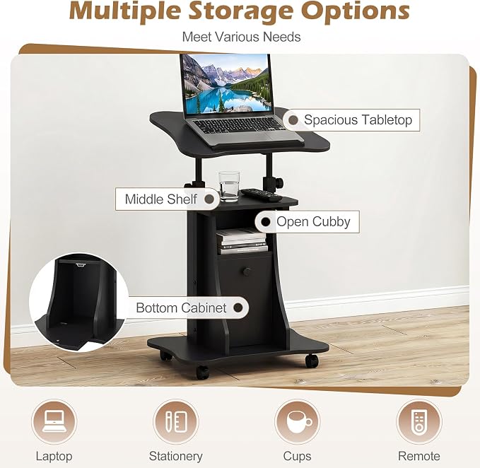 Tangkula Rolling Lectern Podium Stand, Height Adjustable Laptop Table with Tilting Tabletop & Storage Shelves, Compact Standing Desk with Lockable Casters for Home Office School (Black)