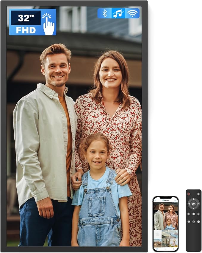 32 Inch FHD Extra Large Digital Picture Frame Touchscreen, 64GB FHD IPS WiFi Digital Photo Frame Remote, Share Photo/Video via Apps, Email, Auto-Rotate, Black
