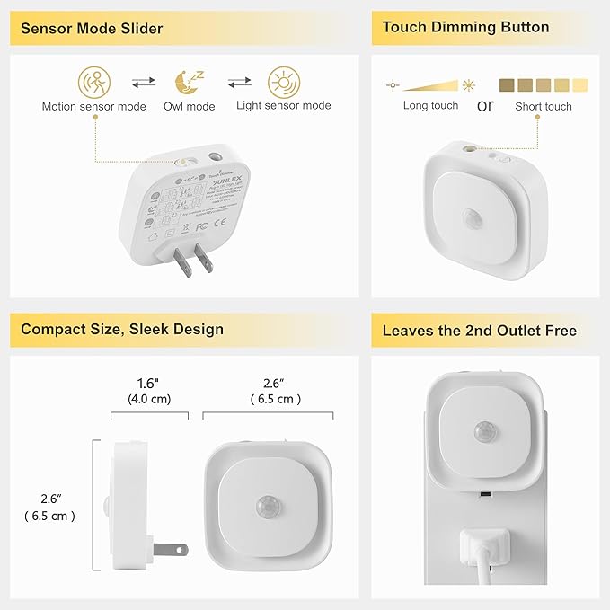 YUNLEX 2 Pack Plug in Night Light with Motion Sensor & Dusk to Dawn Sensor, 3 in 1 Blue Night Lights Plug into Wall, Dimmable Nightlight for Bathroom, Bedroom