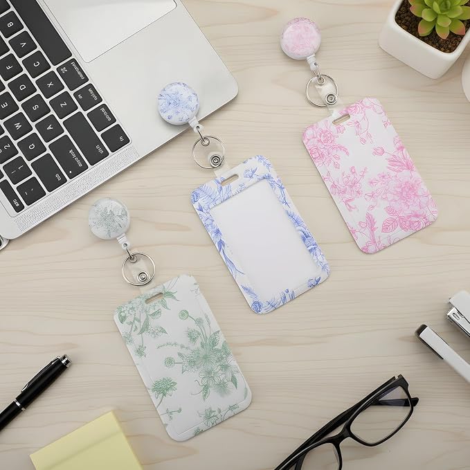 3 Set Floral Badge Holder Retractable Reel ID Badge Holders with Clip Cute Badge Holders for Teacher Nurse Doctor Student Office