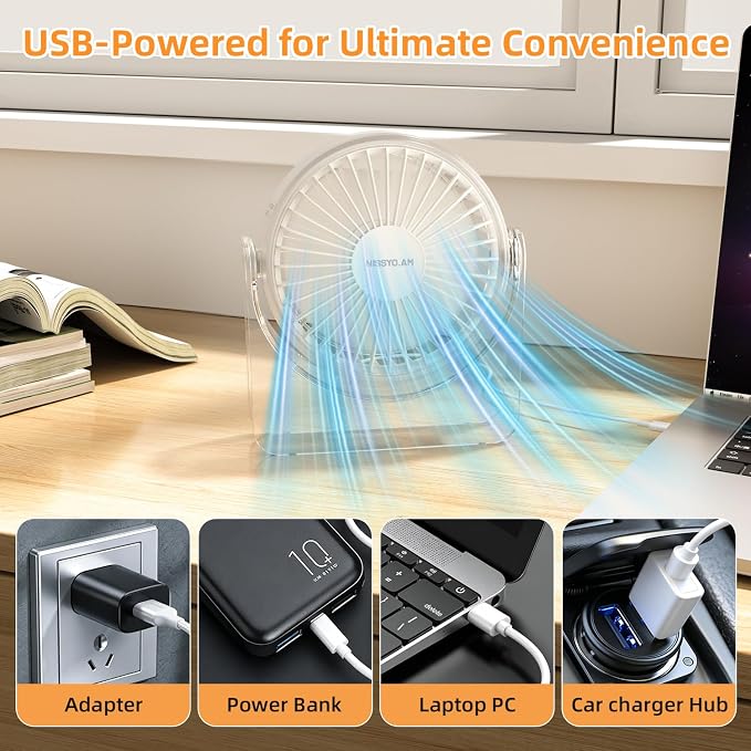 USB Desk Fan, 6 Inch Portable Table Fan, 3-Speed Quiet Personal Fan | Adjustable Tilt, Powerful Airflow, USB Powered, No Battery, Compact for Home, Office, Bedroom & Travel