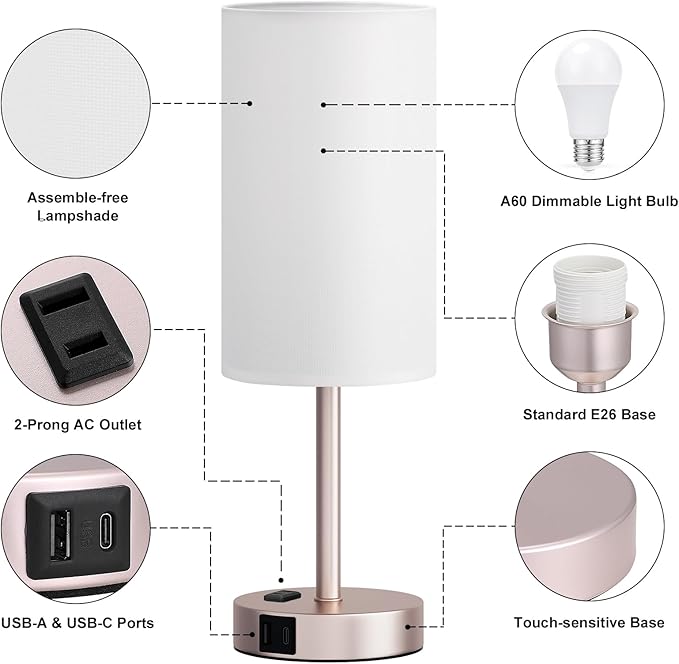 Antique White Bedside Table Lamp for Bedroom - 3 Way Dimmable Touch Lamp USB C Charging Ports and AC Outlet, Small Lamp Gold Base Round Flaxen Fabric Shade for Living Room, Desk