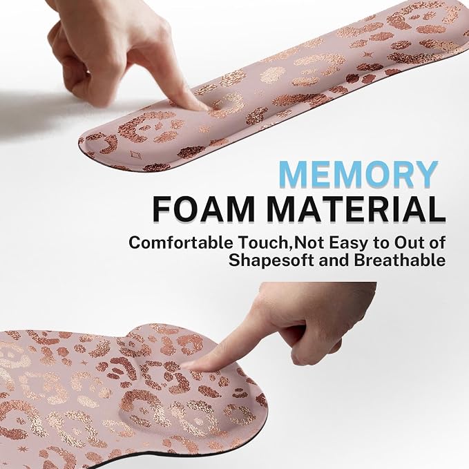 Ergonomic Mouse Pad Set with Wrist Rest, Leopard Rose Gold Pink | Non-Slip Rubber Base Wrist Cushion Support and Coasters Mousepad with Wrist Support for Computer Keyboard