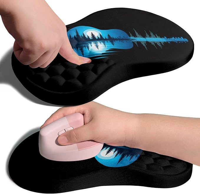Ergonomic Joint Wrist Support Mouse Pad with Memory Foam Cushion Massage Bump, Carpal Tunnel Pain Relief Mousepad Slope Design for Wrist Rest, 11.8x7.9 in, Guitar