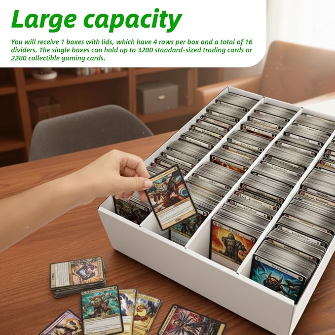 Calenzana 3200-Count Trading Cardboard Card Storage Boxes 1 Pack, 4 Row White Card Box with 16 Dividers, MTG, TCG Card Organizer