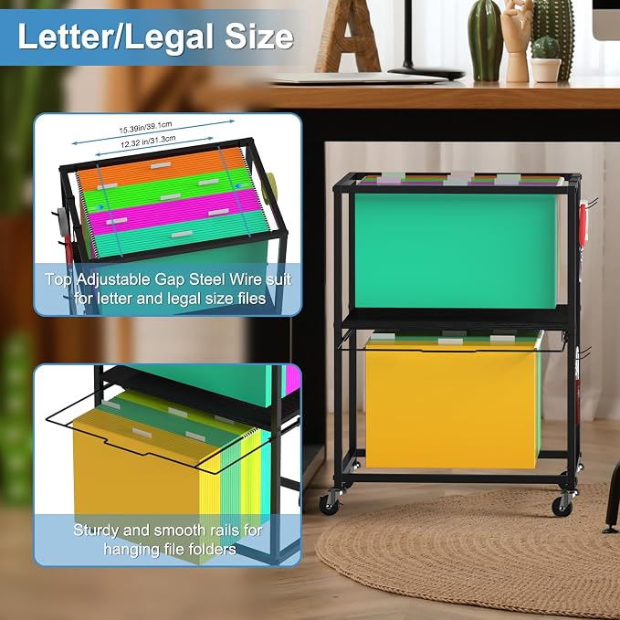 Sunexinlo Rolling File Cart for Letter/Legal Size 2-Tier,Hanging File Organizer, Pull-Out Mobile File Cabinet with 360° Wheels & 4 Hooks, Under Desk Filing Cabinets for Home Office, Black