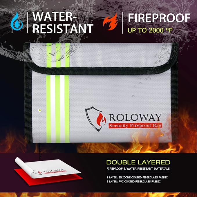 Small Fireproof Bag (5 x 8 inches) with Reflective Strip, Non-itchy Fireproof Money Bag for Cash, Valuables, Passport, Currency & Keys (2-Pack Silver)