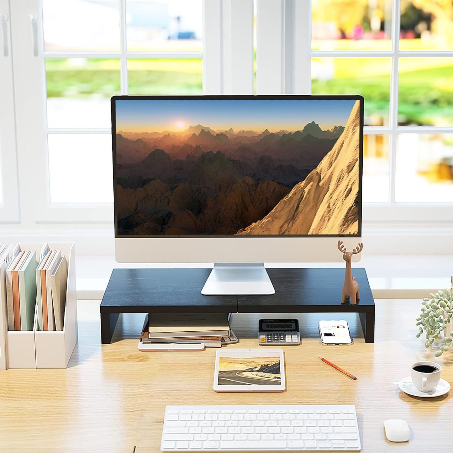 TEAMIX 20 Inch Monitor Stand Riser, Black Desktop Stand for PC/TV/Laptop/Printer, Wood Monitor Riser with Storage, Computer Stand Keyboard Organizer