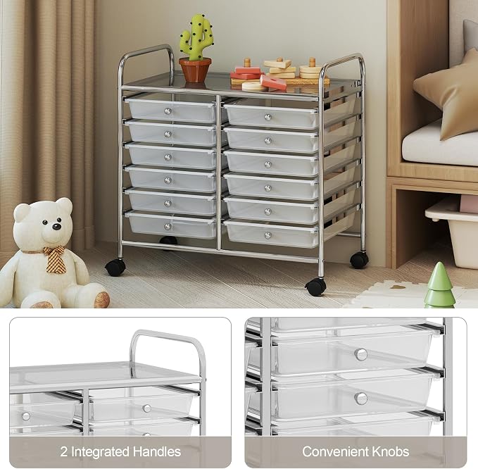 COSTWAY 12-Drawer Rolling Storage Cart, Utility Storage Organizer Cart | For Tools, Scrapbook, Paper, Craft, Multipurpose Art Supply Organizer on Wheels for Home Office School, Teacher, Clear