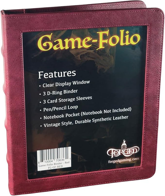 Forged Dice Co. Game-Folio PU Leather Portfolio Binder - Gaming Binder for DND Character Sheets with DND Spell Cards Organizer and Clear Front Pocket - Compatible with Dungeons and Dragons RPG - Red