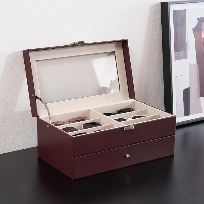 ProCase 12 Slots Sunglasses Organizer, 2 Layer Sunglass Case, Leather Eyeglass Cases for Display and Storage -Brown