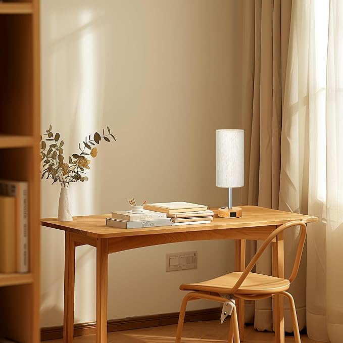 Small Touch Table Lamps Set of 2-3-Way Dimmable, USB A + C Charging, AC Outlet, Wood Grain Base, Bulbs Included