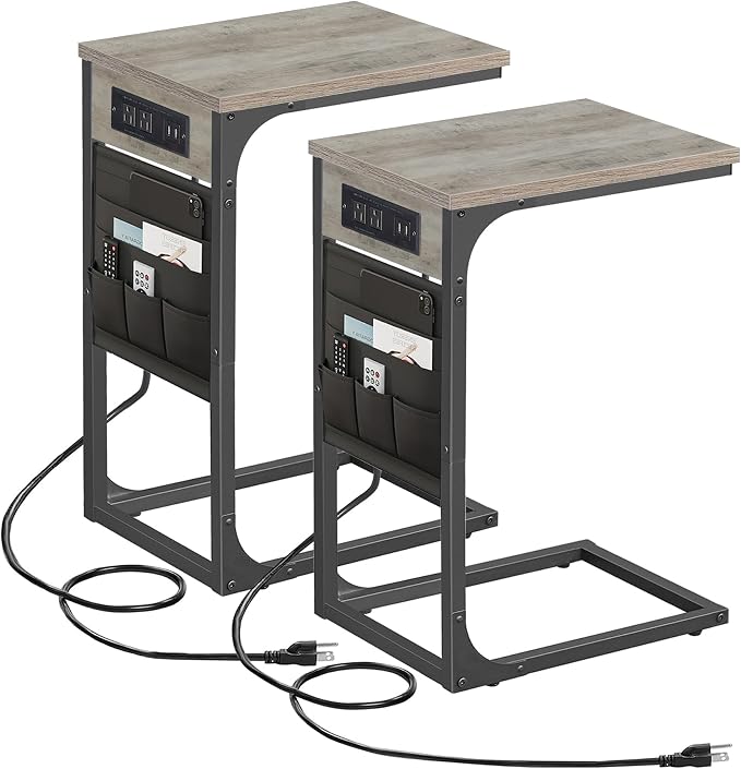 TUTOTAK C Shaped End Table with Charging Station, Side Table for Sofa | Couch Table with Storage Bag, TV Tray with 2 USB Ports and Outlets, Set of 2, Living Room and Bedroom, Greige TB01BG0242