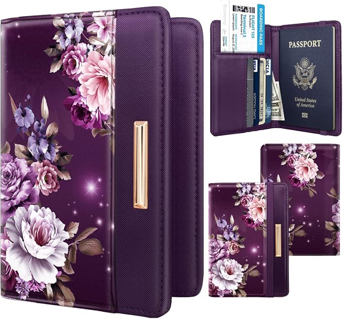 Coco Rossi Passport Holder for Travel Women Slim RFID Passport Cover Wallet | Travel Essentials, Passport Book Holders, Passport Wallet Cover Case, PU Leather, Cute, Thin, Spliced Design, Purple Flower