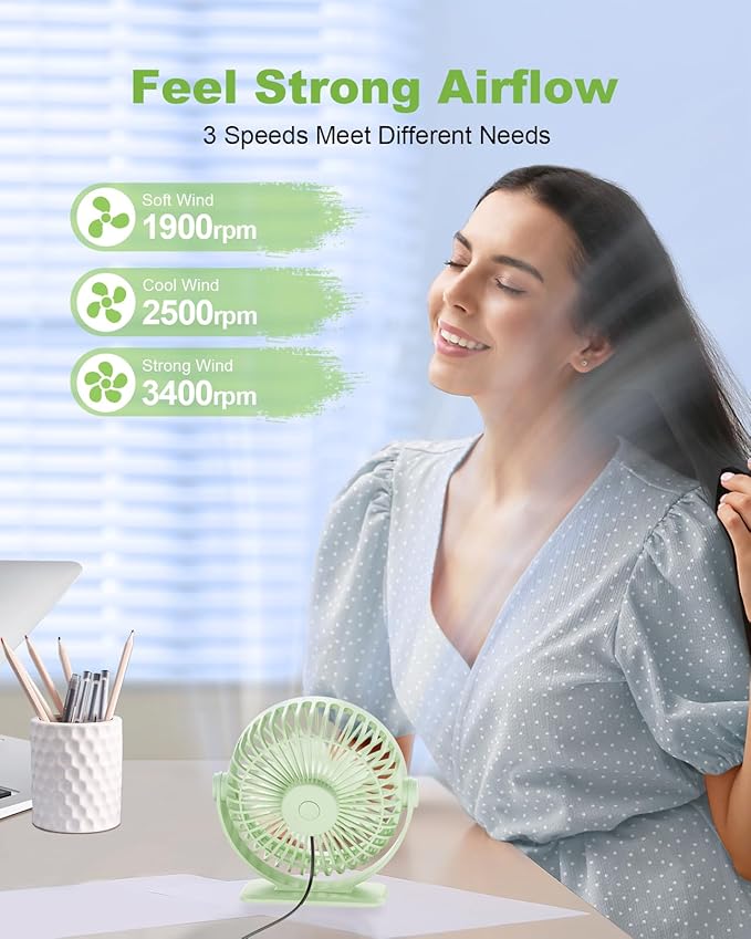TriPole Desk Fan USB Powered Small Portable, 360°Rotation Mini Personal Fan | Green, 3 Speeds Plug In USB Fan, Desk Fans Small Quiet, 4.9ft Cable, Strong Breeze for Desktop Bedroom Office Table Travel