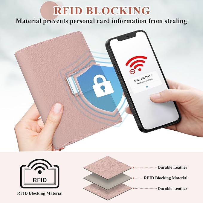 Pink Passport Holder with Airtag RFID Blocking Travel Wallet for Women, Leather Passport Wallet with Airtag Slot Slim Compact Passport Cover with Zipper Coin Pocket, Holder Card, SIM, Cash