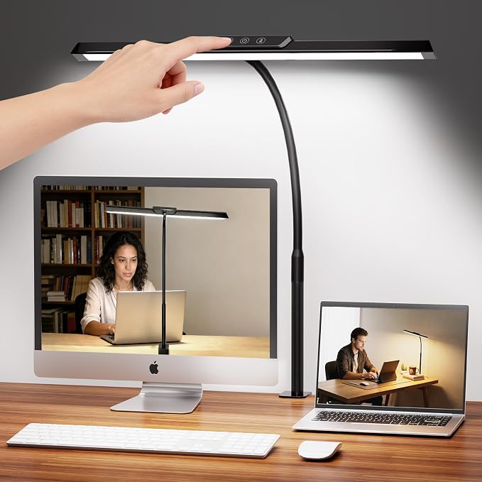 LED Desk Lamp with Clamp, Stepless Dimming Flicker-Free for Home Office | Architect Lamp, DC Adapter, 25 Modes, 12.8in Flexible Gooseneck, Eye-Friendly for Workbench & Reading