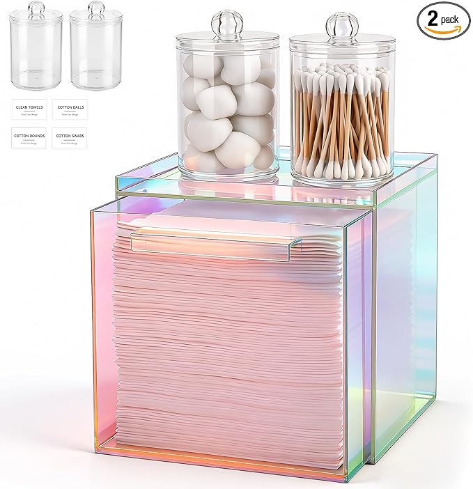 Disposable Face Towels Holder with 2 Pack Qtip Holders, Glossy Rainbow | Acrylic Box Bin Compatible with Clean Skin Club Clean Towelettesl XL Bathroom Counter Storage with Drawer