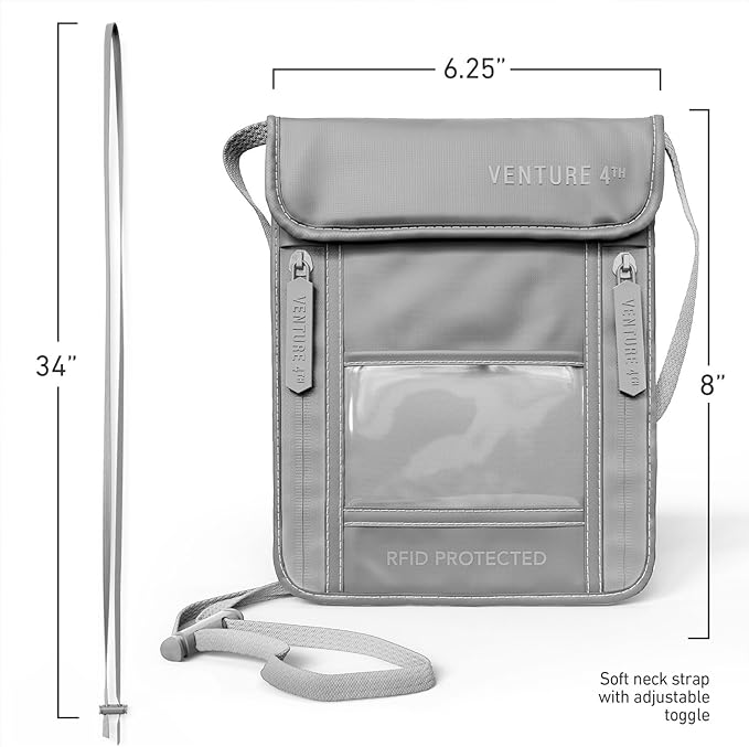 VENTURE 4TH Travel Neck Wallet, RFID Blocking Passport Holder -Sleek Silver
