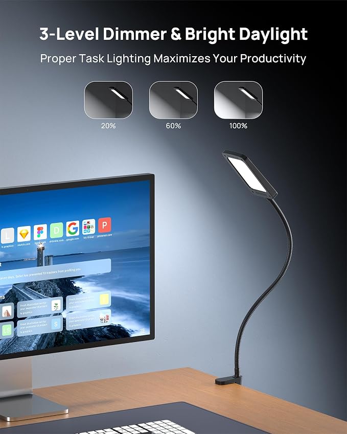 TROND LED Desk Lamp with Clamp, 6000K Daylight, Flexible Gooseneck on Light | 1000LM Super Bright 3-Level Dimmable Desk Light Extra-Long, Eye-Care Clamp Lamp for Painting, Workbench,Reading